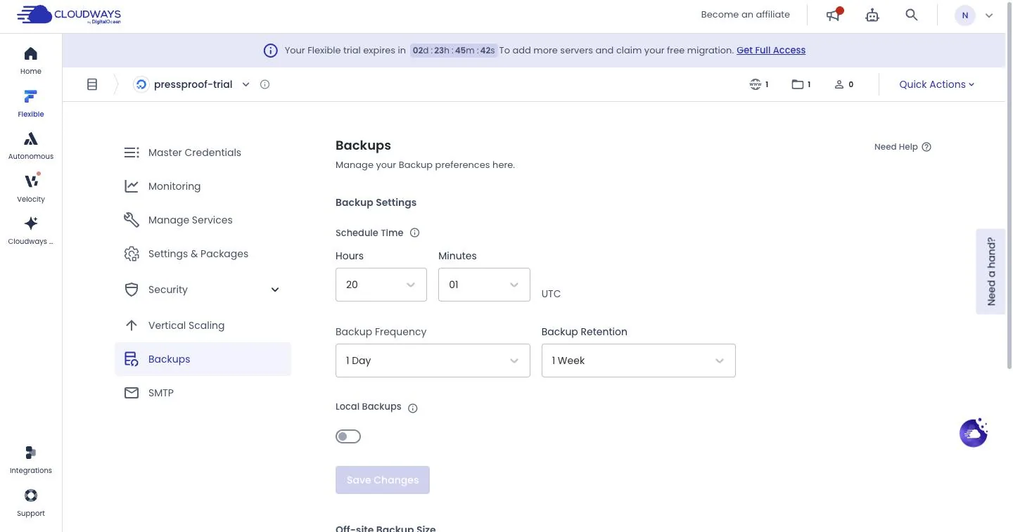 Cloudways Backups settings with backup frequency set to 1 Day and retention set to 1 Week