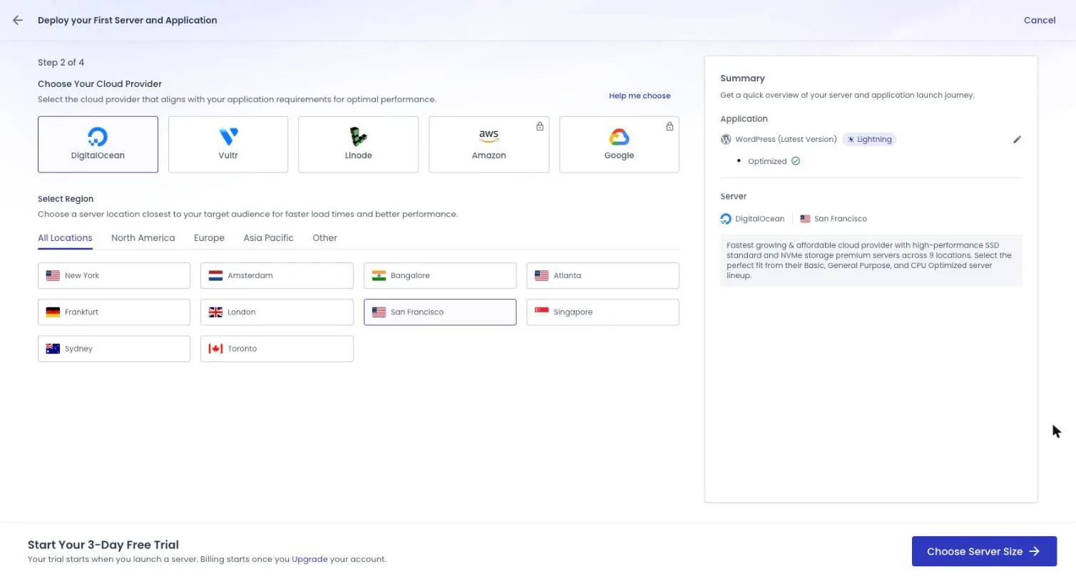 Cloudways launch screen step 2 with DigitalOcean selected and San Francisco chosen as the region, with Amazon and Google showing lock icons