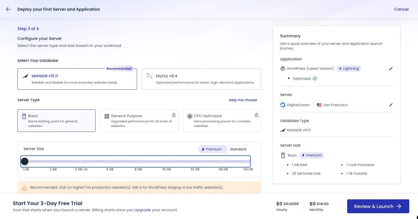 Cloudways launch screen with the 1GB Premium size selected at $14 a month and a warning recommending 2GB or higher for production sites