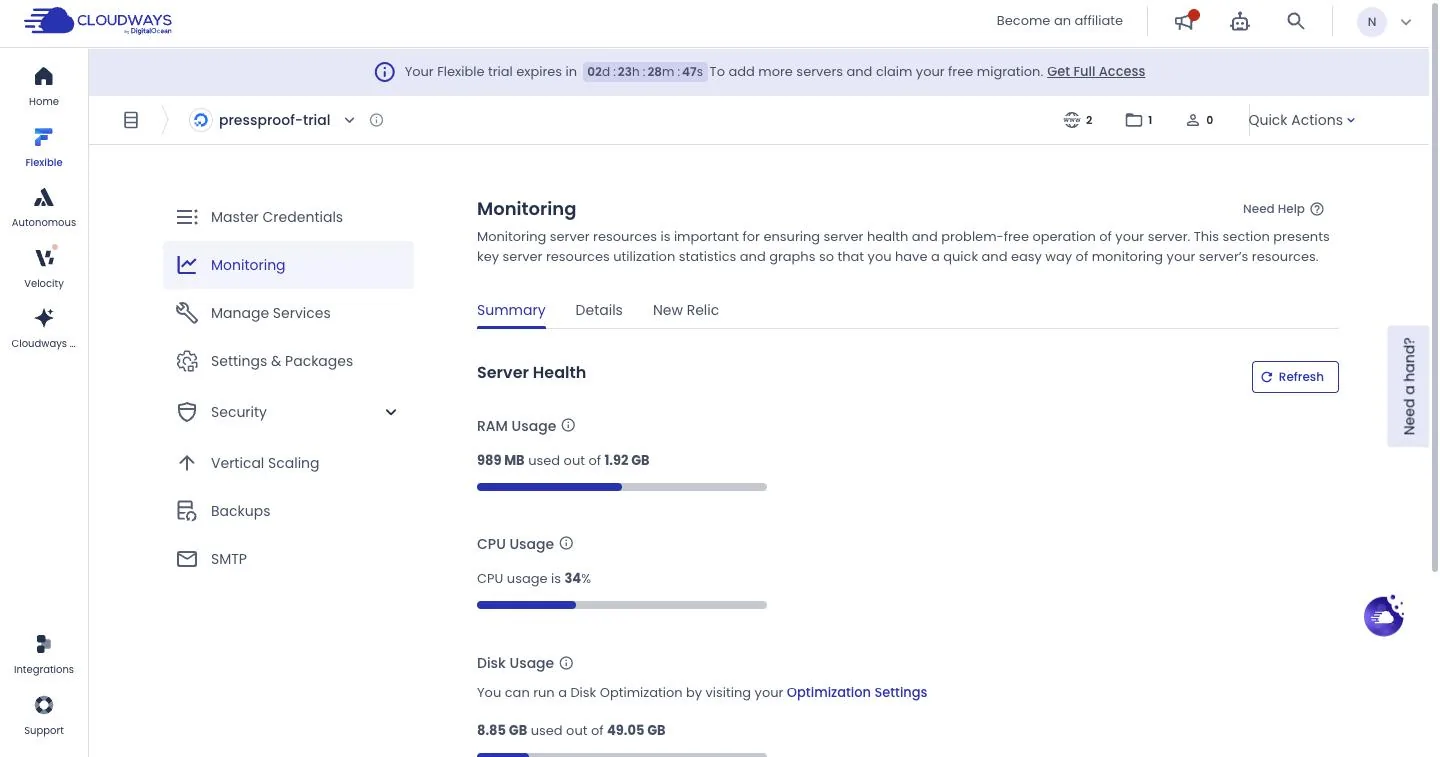 Cloudways monitoring screen showing 989 MB of 1.92 GB RAM used, CPU at 34 percent, and 8.85 GB of 49.05 GB disk used