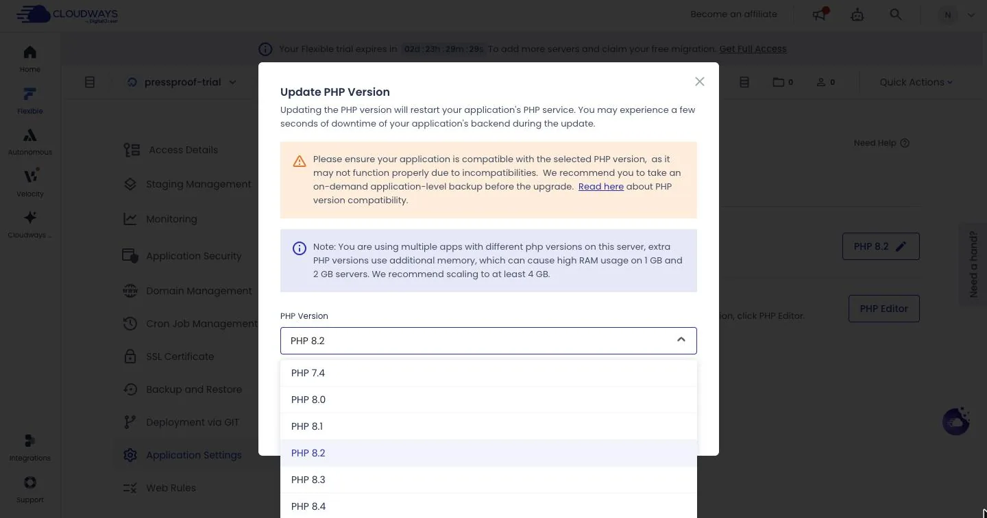 Cloudways Update PHP Version dialog with the version list open, showing PHP 7.4 through 8.4 with 8.2 selected