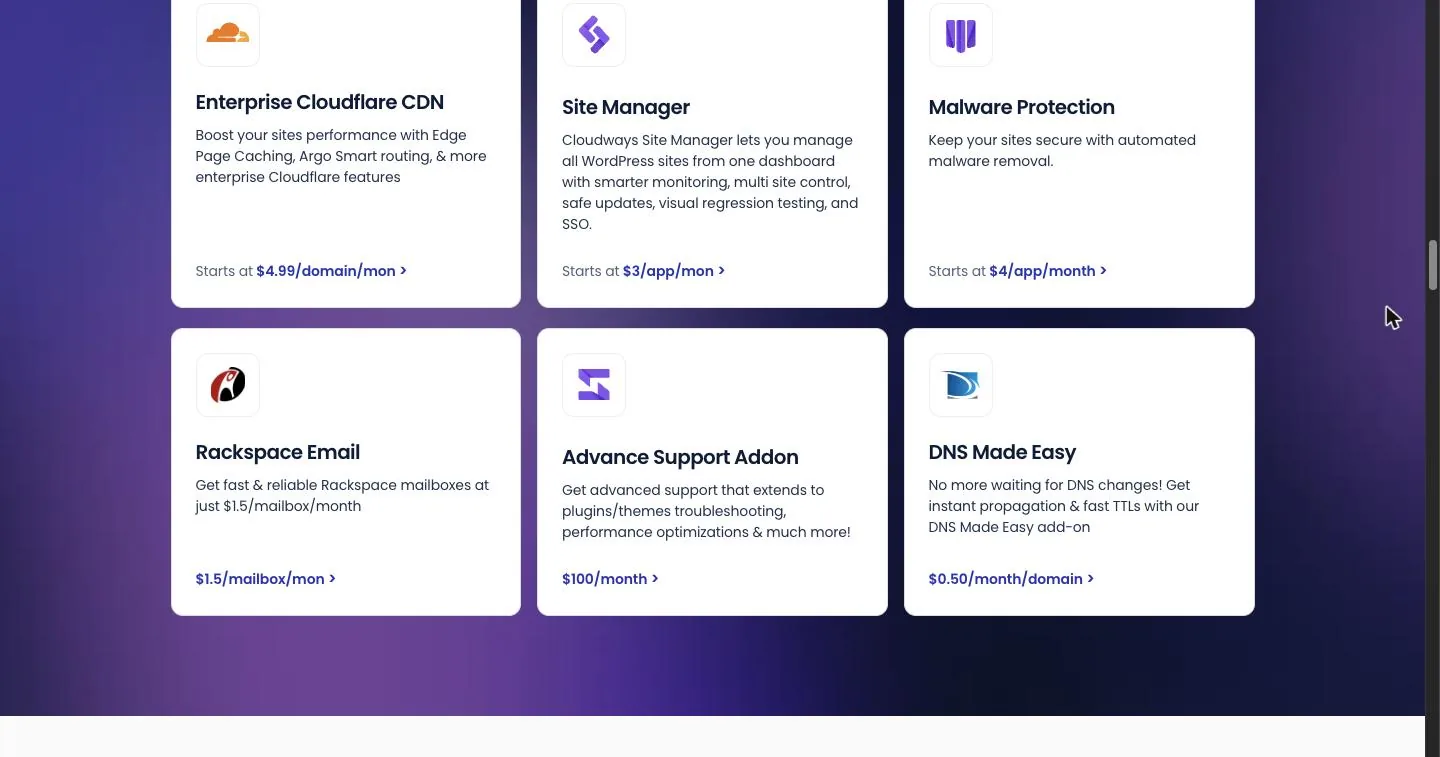 Cloudways pricing page add-on cards for the Cloudflare CDN, Site Manager, Malware Protection, Rackspace Email, Advanced Support and DNS Made Easy, each with its monthly price