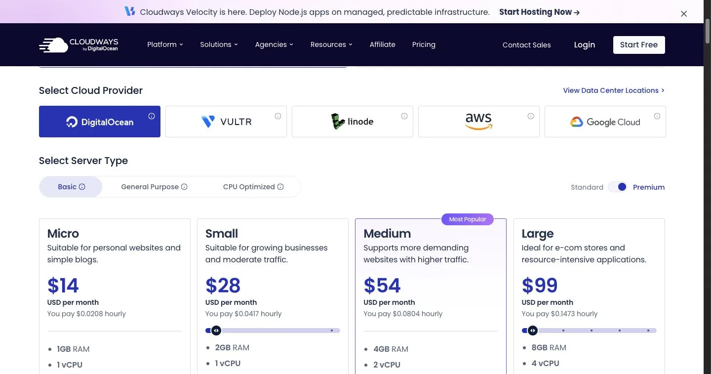 Cloudways pricing page set to DigitalOcean with the Premium toggle on, showing four plan cards starting at $14 a month