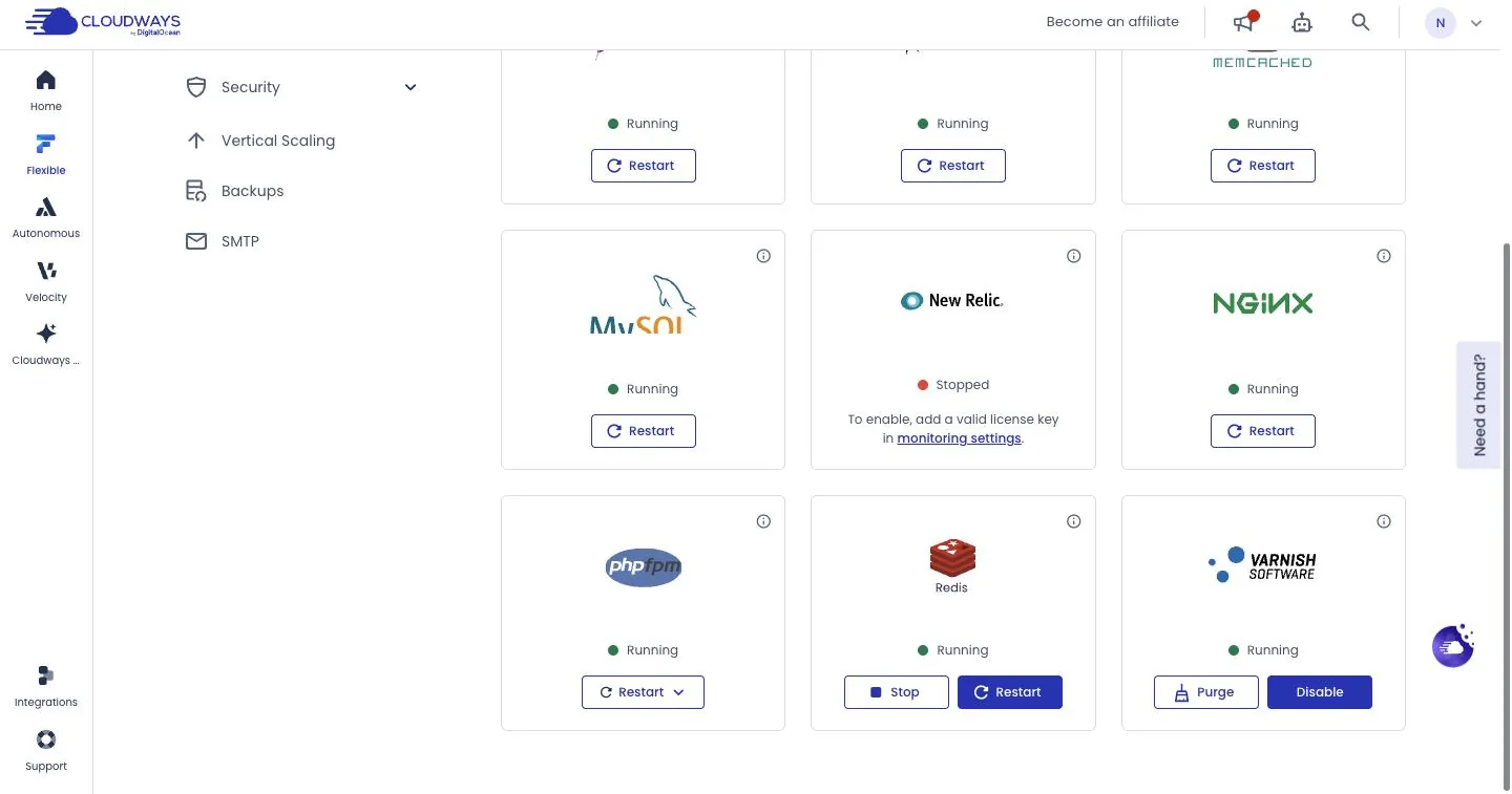 Cloudways Manage Services screen with the database, Nginx, PHP-FPM, Redis and Varnish running, and New Relic stopped until a license key is added