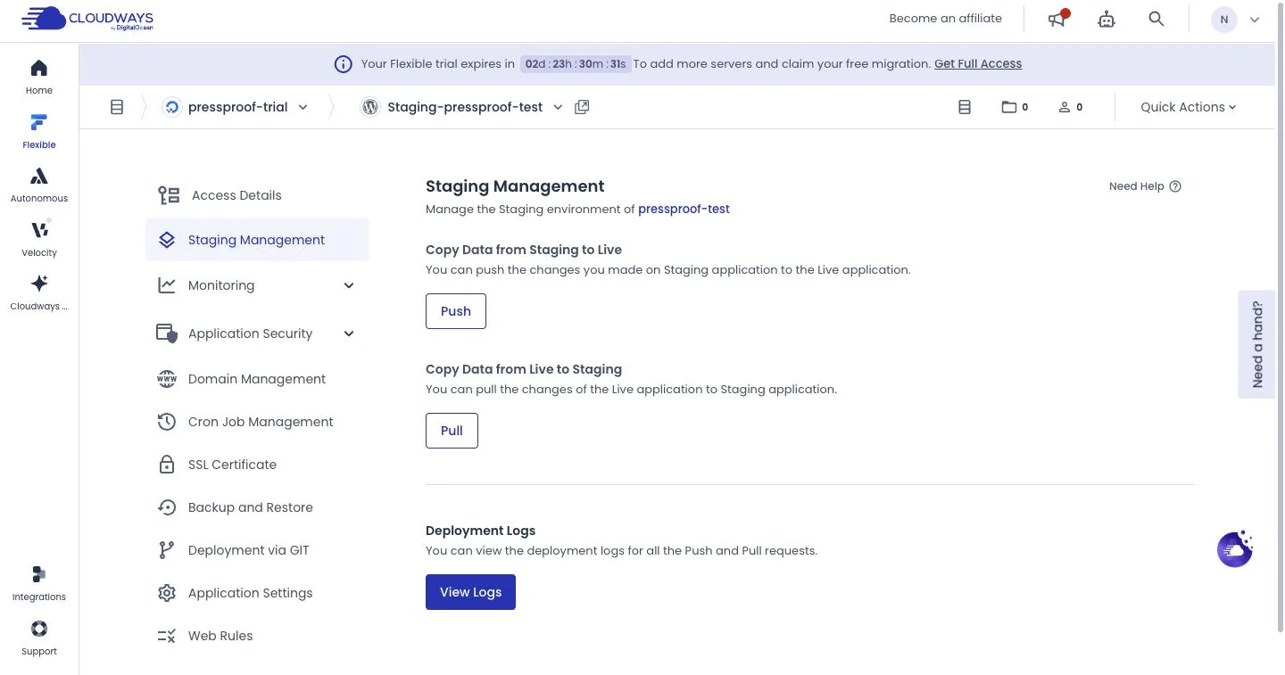 Cloudways Staging Management screen with a Push button, a Pull button and a View Logs button for deployment logs