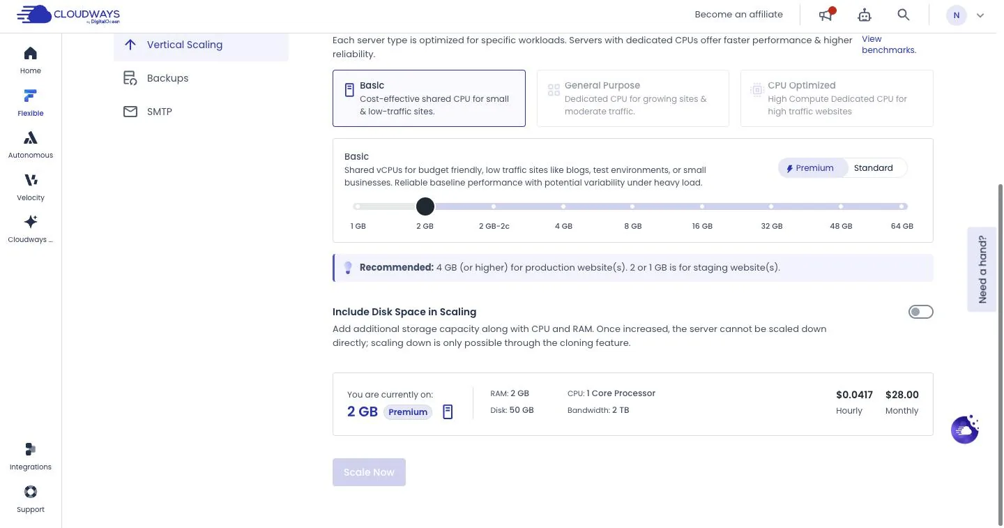 Cloudways Vertical Scaling page with 2GB Premium selected, a note recommending 4GB for production, and the Include Disk Space in Scaling toggle switched off