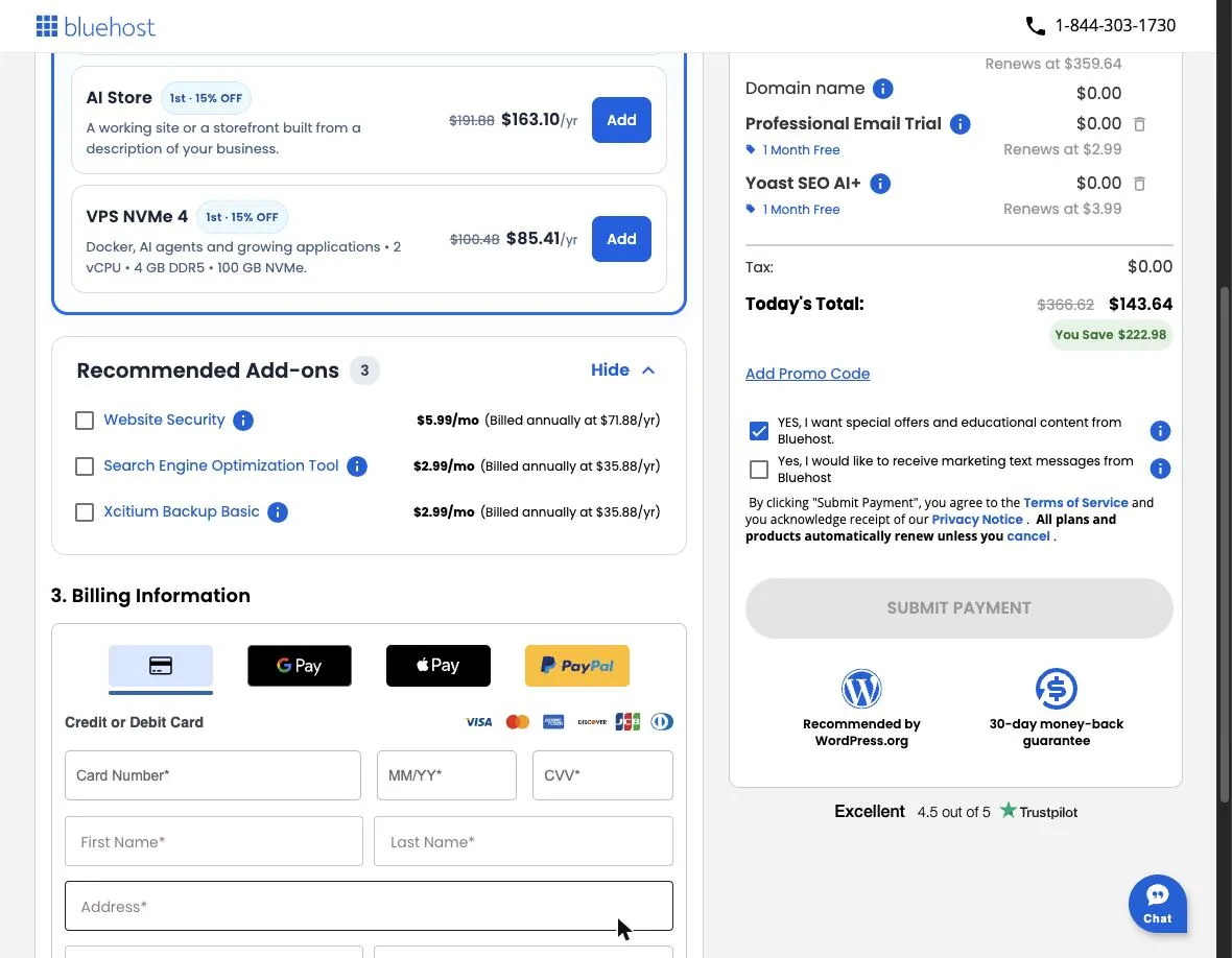 Bluehost checkout with Professional Email Trial and Yoast SEO AI+ in the cart at $0 for one month, renewing at $2.99 and $3.99, the marketing-email box ticked, and the line 