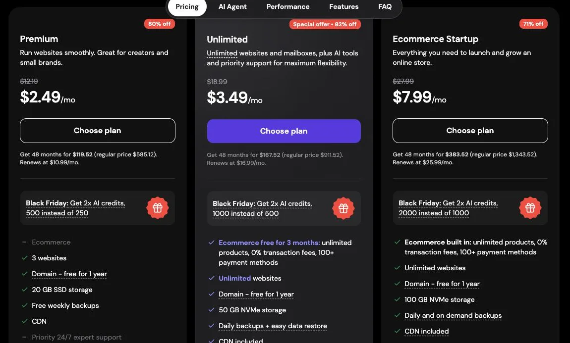 Hostinger's three WordPress hosting cards during its Black Friday sale: Premium at $2.49 a month (regular $12.19), with the note 