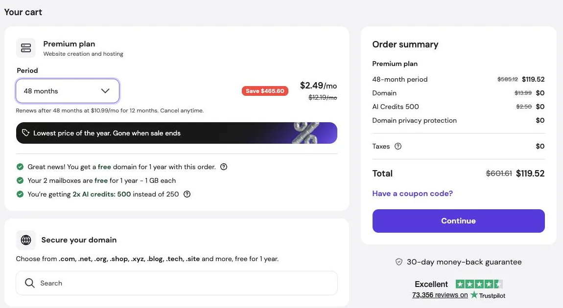 Hostinger cart for the Premium plan on 48 months: $2.49 a month (regular $12.19), 