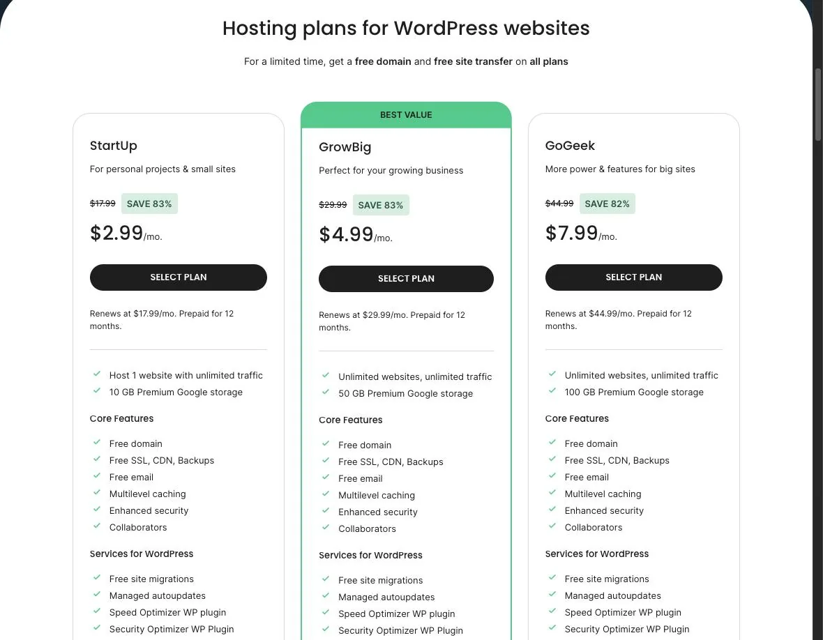 SiteGround WordPress hosting plan cards: StartUp at $2.99 a month (regular $17.99, save 83%), GrowBig at $4.99 and GoGeek at $7.99, each with a renews-at line and a 12-month prepay note