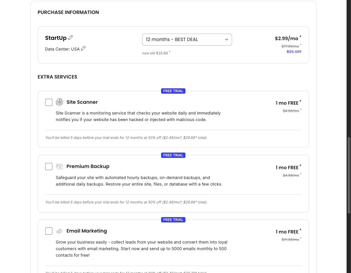 SiteGround order page with StartUp on a 12-month term at $2.99 a month ($35.88) and three unticked free-trial extras, Site Scanner, Premium Backup and Email Marketing, each noting when billing starts