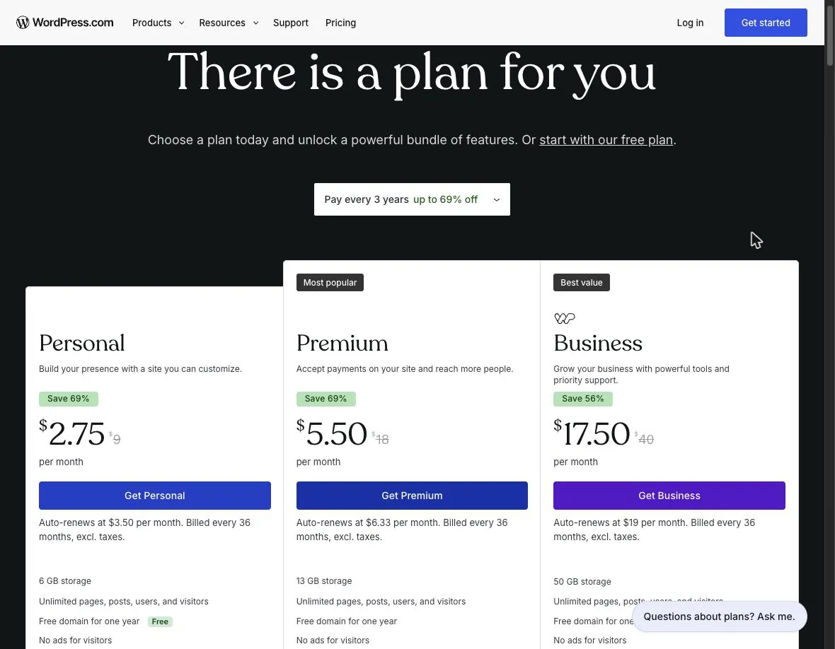 WordPress.com pricing page set to Pay every 3 years: Business at $17.50 a month, auto-renewing at $19 per month, billed every 36 months, excluding taxes