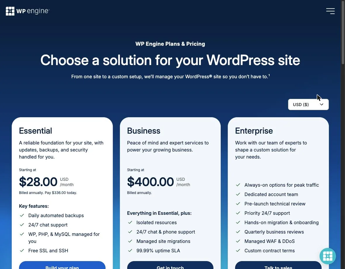 WP Engine plans page: Essential starting at $28.00 a month, billed annually, 