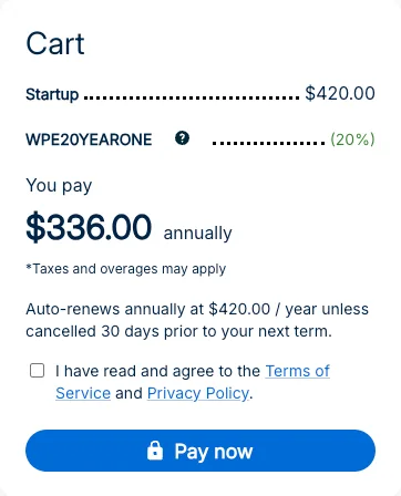 WP Engine checkout cart: Startup $420.00, coupon WPE20YEARONE at 20%, you pay $336.00 annually, and 